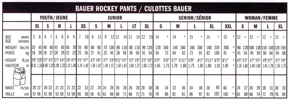 Bauer Warm Up Pants Size Chart